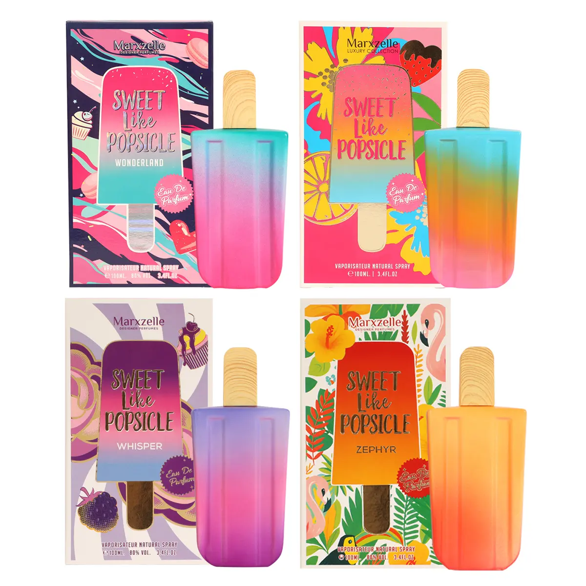 Bundle of Women's Sweet Like Popsicle! Marxzelle Luxury Collection of Wonderland, Sweet Like Popsicle, Whisper and Zephyr Eau de Parfum, 100ml