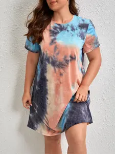 Plus Size Tie Dye Print Round Neck Nightdress, Casual Soft Knitted Loose Crew Neck Short Sleeve Nightgown for Women, Women's Sleepwear & Loungewear for Summer