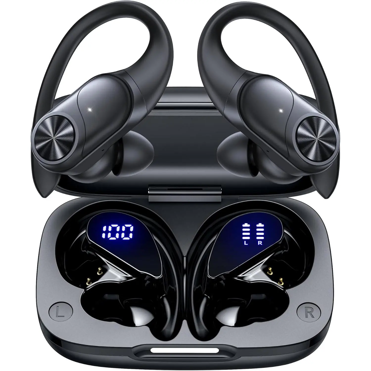 Premium earphonesPocBuds Bluetooth Headphones Wireless Earbuds 80hrs Playtime Wireless Charging Case Digital Display Sports Ear Buds with Earhook Deep Bass IPX7 Waterproof Over-Ear Earphones for TV Phone Laptop Black