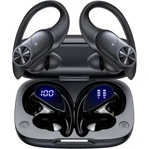 Premium earphonesPocBuds Bluetooth Headphones Wireless Earbuds 80hrs Playtime Wireless Charging Case Digital Display Sports Ear Buds with Earhook Deep Bass IPX7 Waterproof Over-Ear Earphones for TV Phone Laptop Black