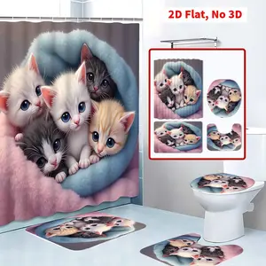 4 Pcs Adorable Kitten Pattern Shower Curtain Set, Pastel - Colored Bathroom Accessories, Soft Non - slip Bathroom Floor Mat, Shower Curtain with Hooks, Toilet Cover Mat, Home Decor, Bathroom Accessories Machine Washable the bathroom is full of gent