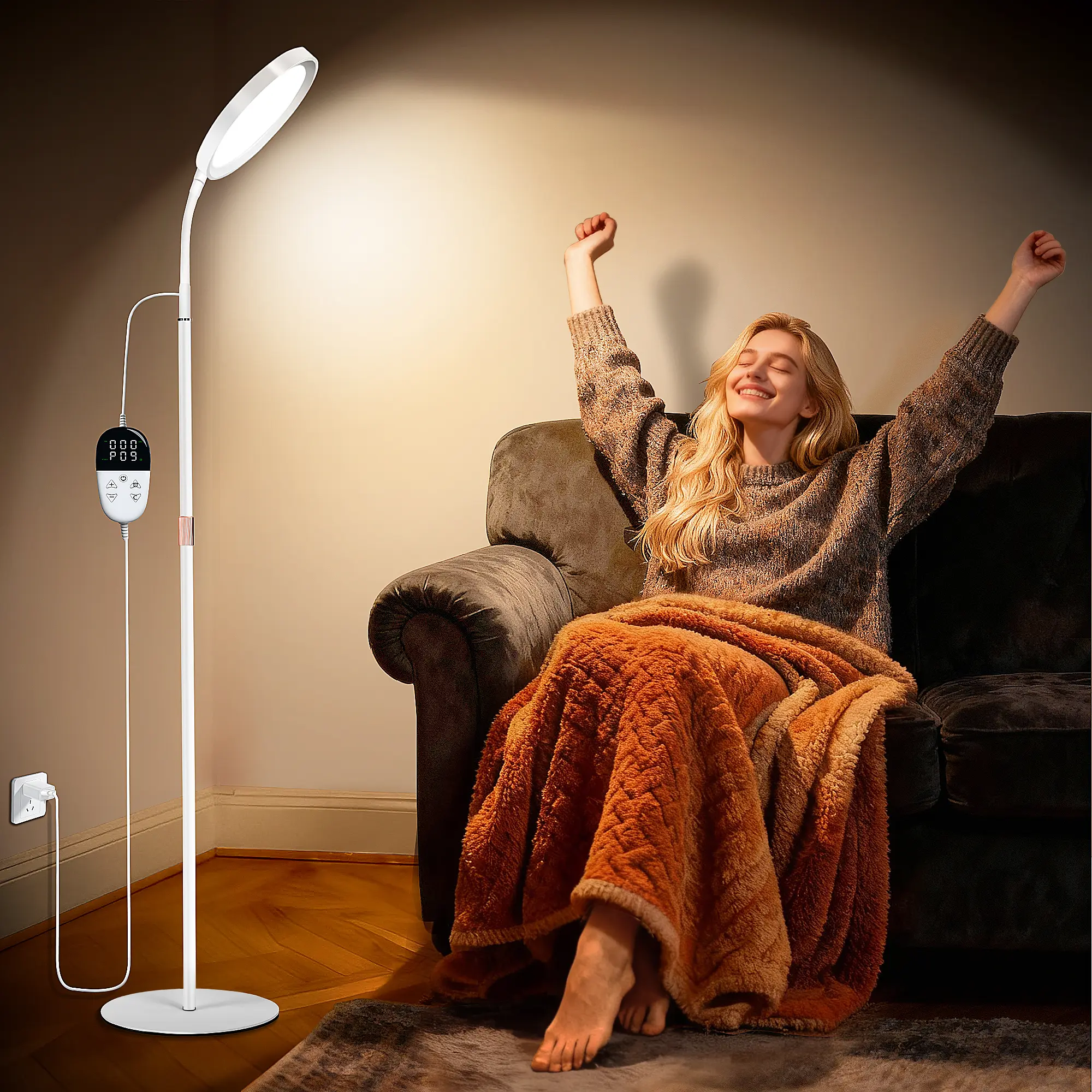 Light Therapy Floor Lamp, 11000 Lux UV-Free SAD Happy Lamp, Full Spectrum Sunlight Lamp with LCD Touch & Remote, Height Adjustable, 9 Brightness Levels, 3 Color Temperatures