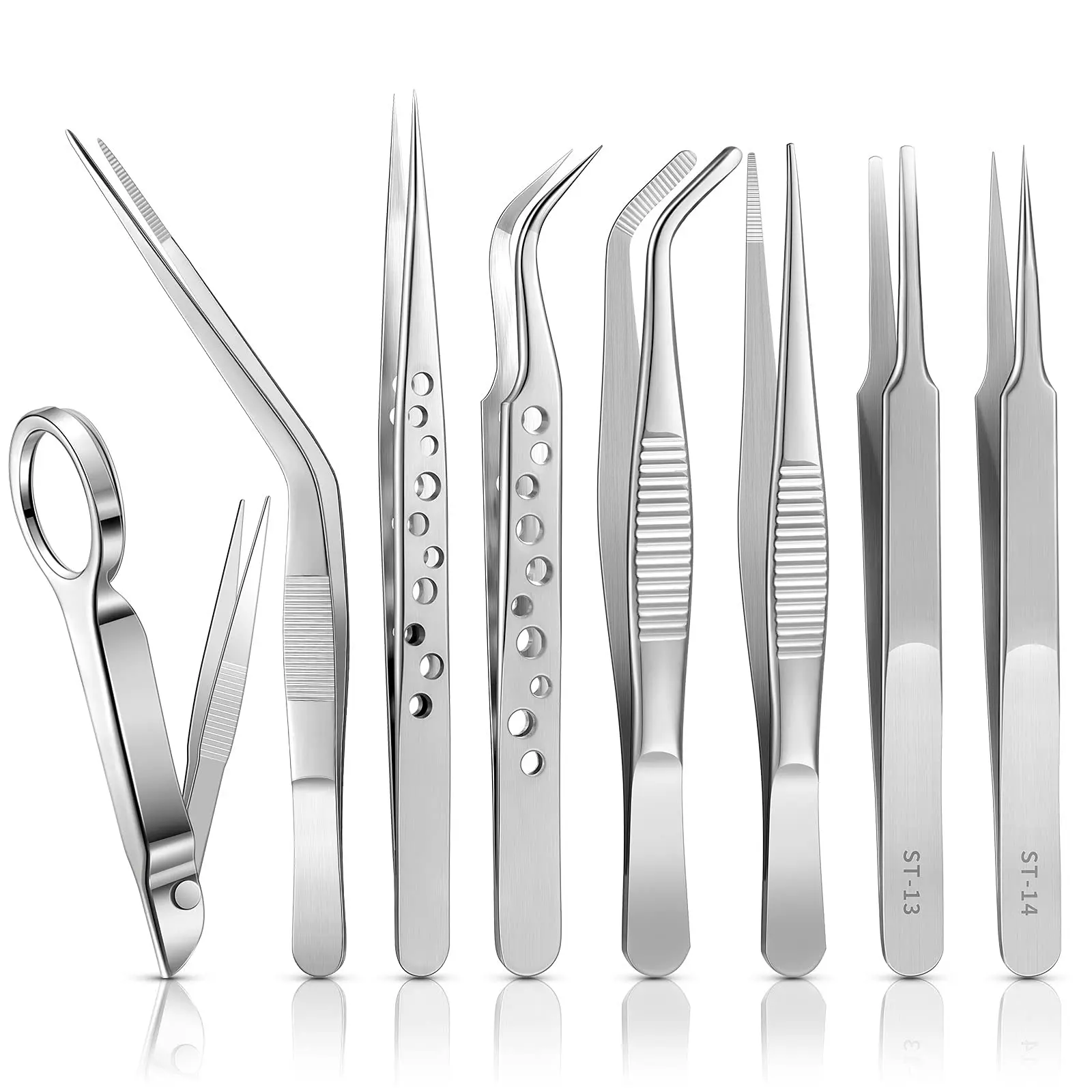 8 Pcs Tweezers Set,Stainless Steel Tweezers Forceps with Magnifying Glass,Straight Fine Point Forceps Curved Round Flat Tip Tweezers,9 Holes Straight Curved Tip Tweezers for Beauty Craft Makeup Smooth