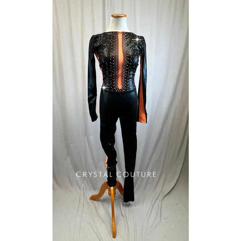Long Sleeve Metallic Black and Neon Orange Unitard -Rhinestones