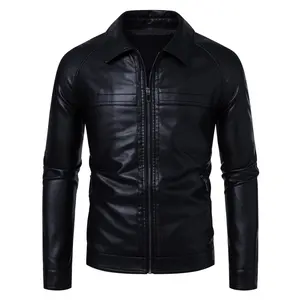 Men's fashionable black PU leather jacket - winter stand-up collar mid-length Korean style fashionable leather jacket for men, warm zipper decoration, versatile, fashionable and casual black
