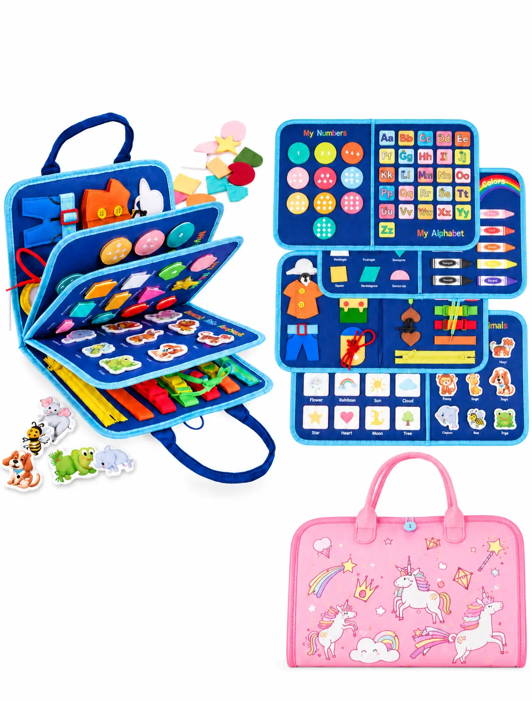 Montessori Felt Busy Board - Toddler Girl Stuff, Kids Educational Toy with Detachable Pages, Life Skills, Alphabet, Number, Shape, Color, Weather, Travel Car Ride Gift