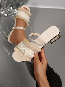 Comfortable Chunky Heel Sandals with Tassels and Shiny Details, Glitter Sandal, Anti-Slip Summer Slippers, Perfect for Wedding Guests or Vacation Wear, Party Footwear