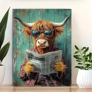1pc 12x16 Inch Framed Canvas Art Print - Whimsical Highland Cow Reading Newspaper in Fashion Glasses, Contemporary Bohemian Wall Decor with Vibrant Colors, Quirky Animal Art for Home, Office, Cafe, Rustic Bathroom Decor, Cafe Decoration, Cow Decor	