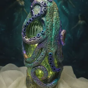 "Deep Sea Sentinel" - Tentacled Glass Apothecary Bottle Hand-Sculpted Polymer Clay Over Glass with Sealed Cork Top & Glass Bead Detail Canister
