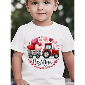Cute Graphic Boys' Regular Cotton Short-Sleeve Crew Neck T-Shirt - Valentine's Day "BE MINE" Tractor with Heart Print, Slightly Stretchy Casual Summer Kids' Fashion Apparel, Cute Boys' T-Shirts, Graphic Boys' T-Shirts