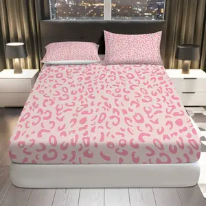 3Pcs Pink Leopard Print Fitted Sheet Three Piece Set (1*Fitted Sheet+2*Pillowcases, Coreless), Animal theme, Decorative Bedding Set, Mattress protector Soft, Breathable