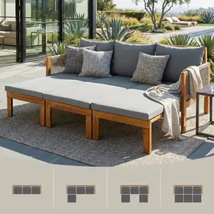 ARCH Outdoor Daybed Patio Sofa Bed 3 Seat Patio Sunbed Outdoor Sleeper Sofa Outdoor Couch for Patio, Backyard, Pool, Natural Wood+Grey Cushion