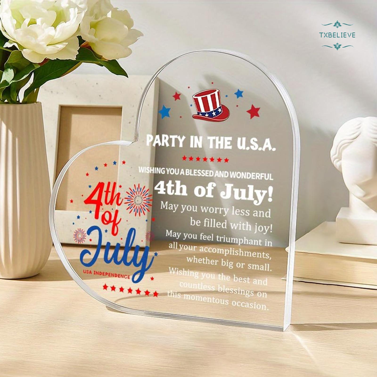 4th of July Gift Heart Shape Acrylic Ornament Block 3.9x3.9 inch for Women Patriotic Stars Stripes Home Desk Festive Glossy Finish