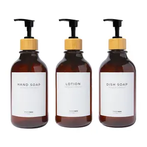 MaisoNovo Refillable Shampoo and Conditioner Bottles | 16.9 fl oz Set of 3 Amber Plastic Bottles Black Bamboo Pumps