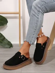 Women's Fashionable Solid Color Platform Slides, Trending Shoes, Casual Comfortable Buckle Design Slippers for Daily Wear, Lightweight Breathable Shoes for Women & Girls, Flat Sandal, Slip On Clog
