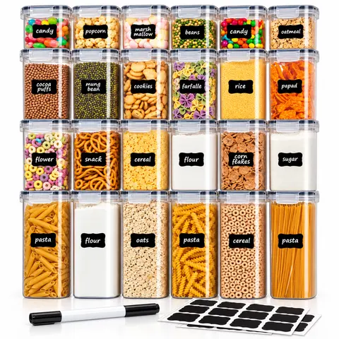AISOON 32-Piece Kitchen Utensils & Gadgets Storage Set - 16 Airtight Anti-Leak BPA-Free Plastic Canisters + 16 Lids, with Labels & Marker for Cereal, Flour, Baking Supplies