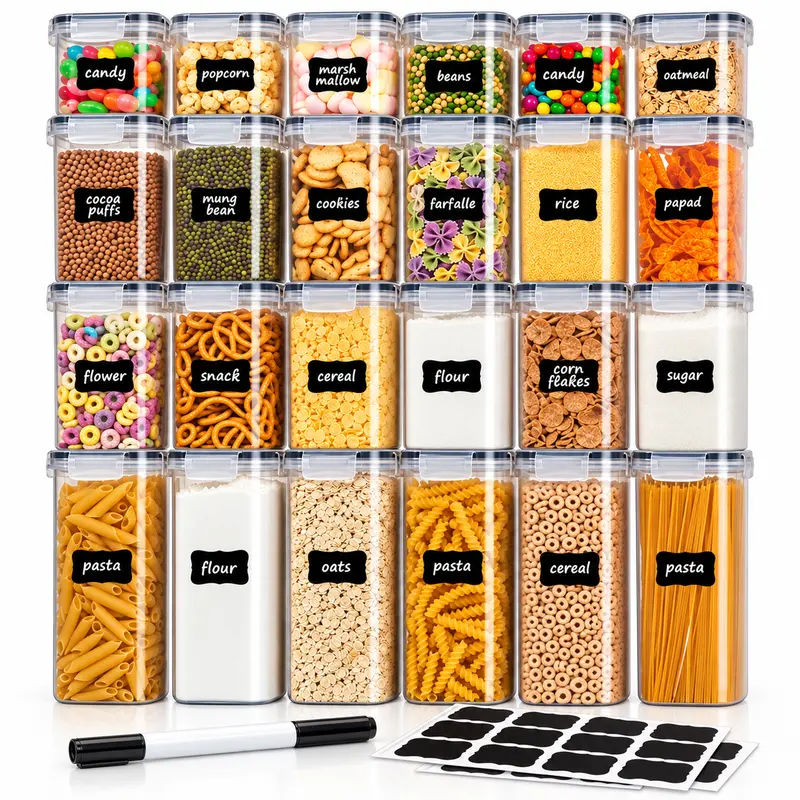 AISOON 32-Piece Kitchen Utensils & Gadgets Storage Set - 16 Airtight Anti-Leak BPA-Free Plastic Canisters + 16 Lids, with Labels & Marker for Cereal, Flour, Baking Supplies