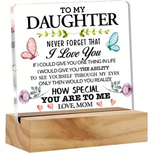 Heartfelt Message Floral Acrylic Sign with Wooden Stand, Mom to Daughter Desk Decor Keepsake, Ideal for Birthday, Christmas Home Office Desk Plaque