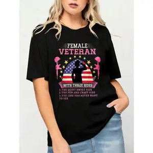 Female Veteran T Shirt Black American Flag And Soldier Silhouette With Three Sides Text Design For Military Patriotic Events And Casual Wear