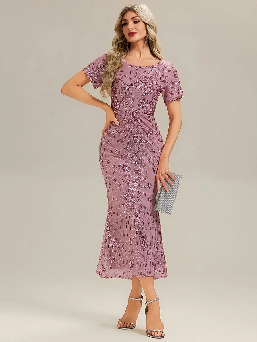 Ever-Pretty Sequin Embroidered Midi Dress ,Short Sleeves, Ruched Waist & Flowy Hem ,Formal dress,Evening dress,02387