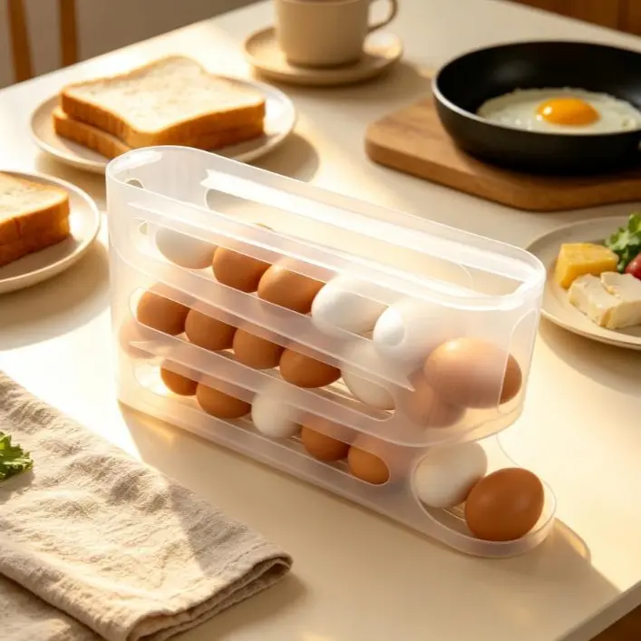 Automatic Rolling Egg Holder for Fridge, 4-Tier Sliding Egg Dispenser Organizer, Large Capacity 28 Eggs Storage Container, Space Saving Kitchen Pantry Countertop Egg Fresh Keeper