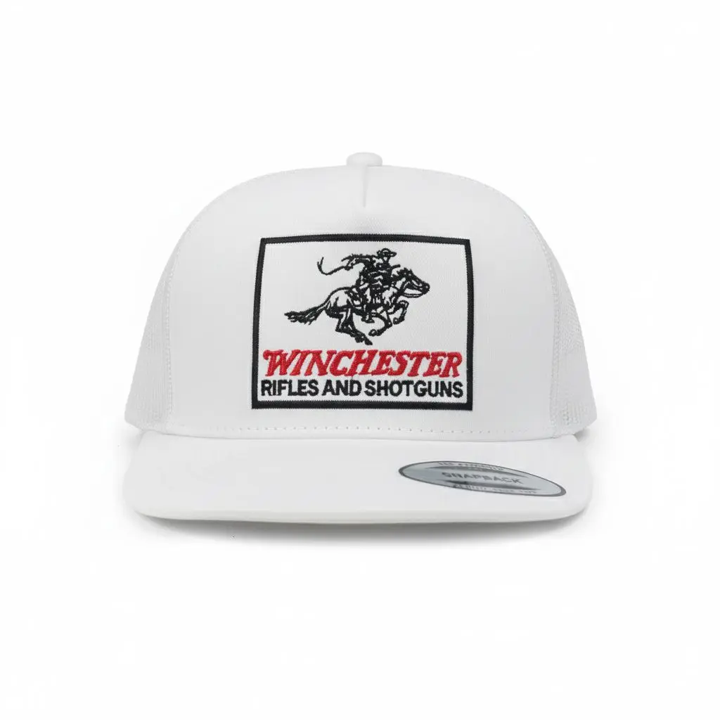 Winchester Patch Hat White Mesh Trucker Cap 7 Panel Flat Bill Snapback Hat Vintage Western Second Amendment Gun Baseball Cap For Men Women Southern Cowboy Gift