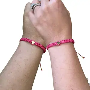 Matching Macrame Heart Bracelets - Long Distance Relationship Gift for Couples Best Friends Siblings Family Adjustable Personalized Jewelry Fan Pink Bracelet with Heart Charm Accessory
