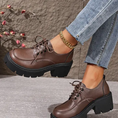 Women's Spring Summer New Casual Chunky Thick Sole Platform Closed Mary Jane Loafers, British Style Classic Lace-Up Small Leather Shoes, Lace Up Oxfords, All-Season Convenient Shoes, Soled Shoes
