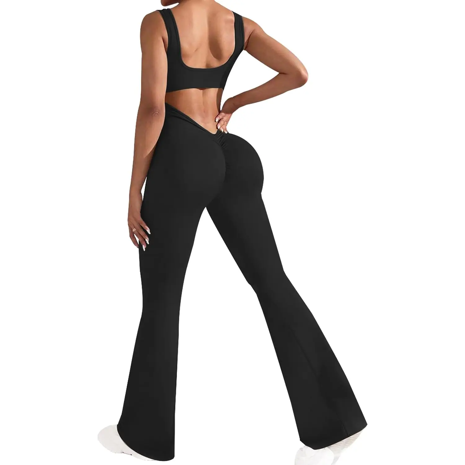 Womens Flare Jumpsuits One Piece Seamless Butt Scrunch Workout Romper Square Neck Backless Wide Leg Unitard OLCHEE