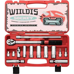 14 count 3/8 Inch Drive Spark Plug Socket Set with Click Torque Wrench(5-45 Lb.ft/6.8-61.2 Nm),  Swivel Sockets, Universal Joint, Extension Bar, Cr-V Steel