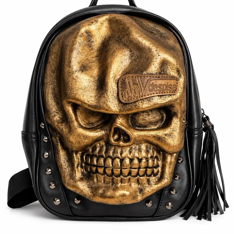 Gothic Gold Skull Backpack - Luxury 3D Punk-Style Studded Designer Bag, Carry-All, Functional, Gender Neutral, Colorful Statement, Emblem Backpacks, SKU:3227, Carry-All Backpacks
