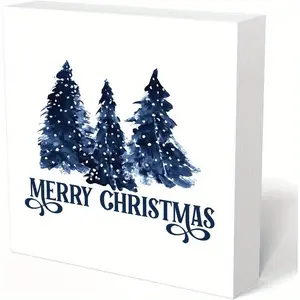 Christmas Signs, Navy Blue Christmas Tree Wooden Box Sign, Farmhouse Christmas Decorations, Merry Christmas Decor, Christmas Wood Signs for Home Office Desk Table Shelf Decor, 5x5 Inch
