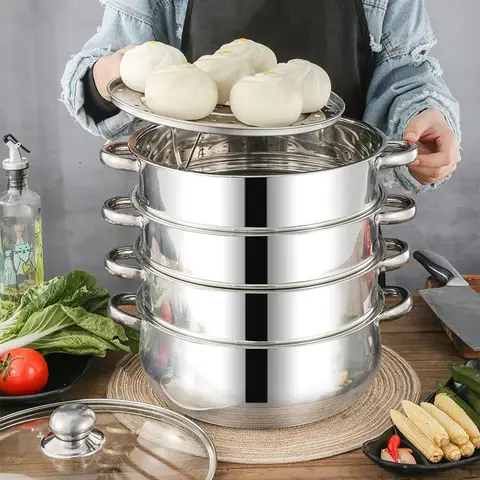 CNCEST 1*5-Tier Sturdy Round Stainless Steel Steamer Cookware - Glass Lid, 33 lbs Max Per-Tier Capacity, Smooth Finish, All-Stovetop Compatible, Anti-Scalding, See Food Steam, Steam+Bottom Cook, Ideal Housewarming Gift for Home Kitchen