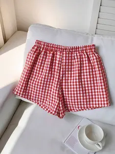 Women's Red Gingham Plaid Woven Shorts, Elastic High Waist, Loose Fit, Lightweight Breathable Fabric, Casual Home & Beach Wear, Relaxed Basic Style