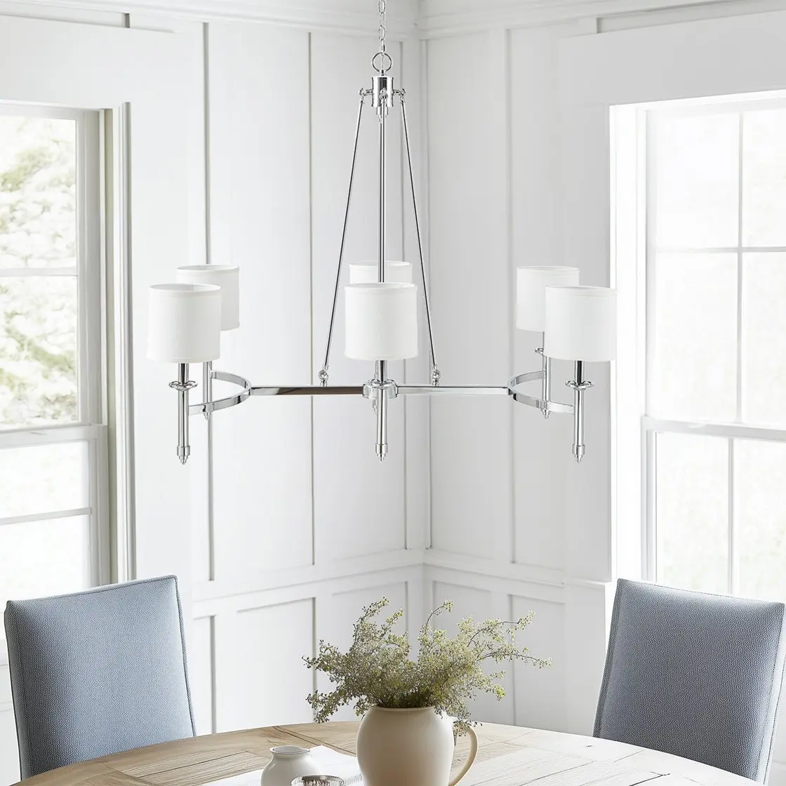 Chandelier with 6 Lights, Fabric Drum Shades, Chrome Finish