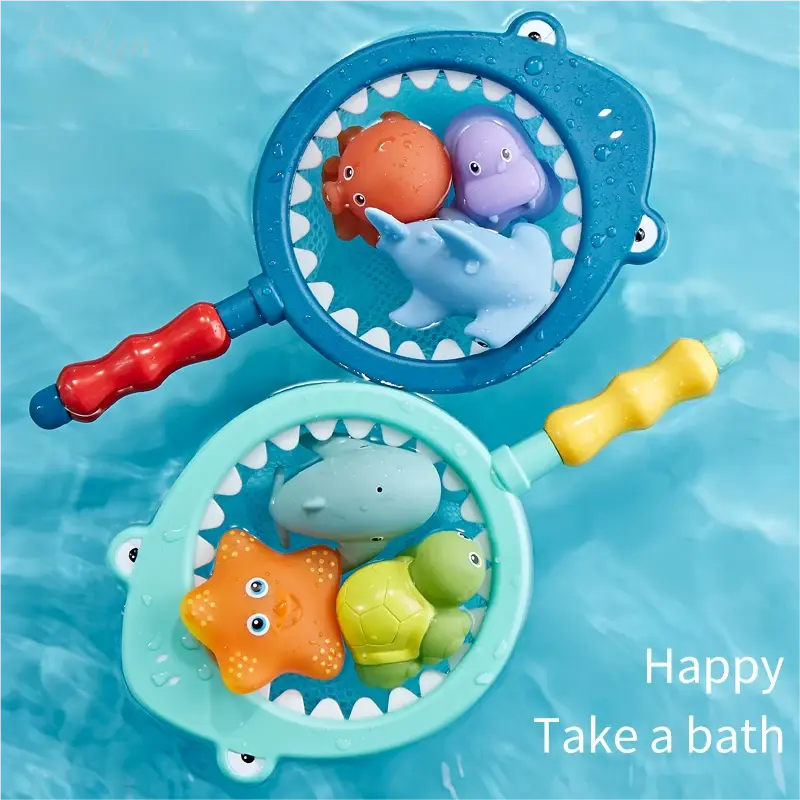 Thermochromic Sea Animal Bath Toy Set with Shark Scoop Net, Color Changing Floating Water Play Figures, Smooth Edge Shower Pool Fishing Toys for Kids Daily Bath Entertainment
