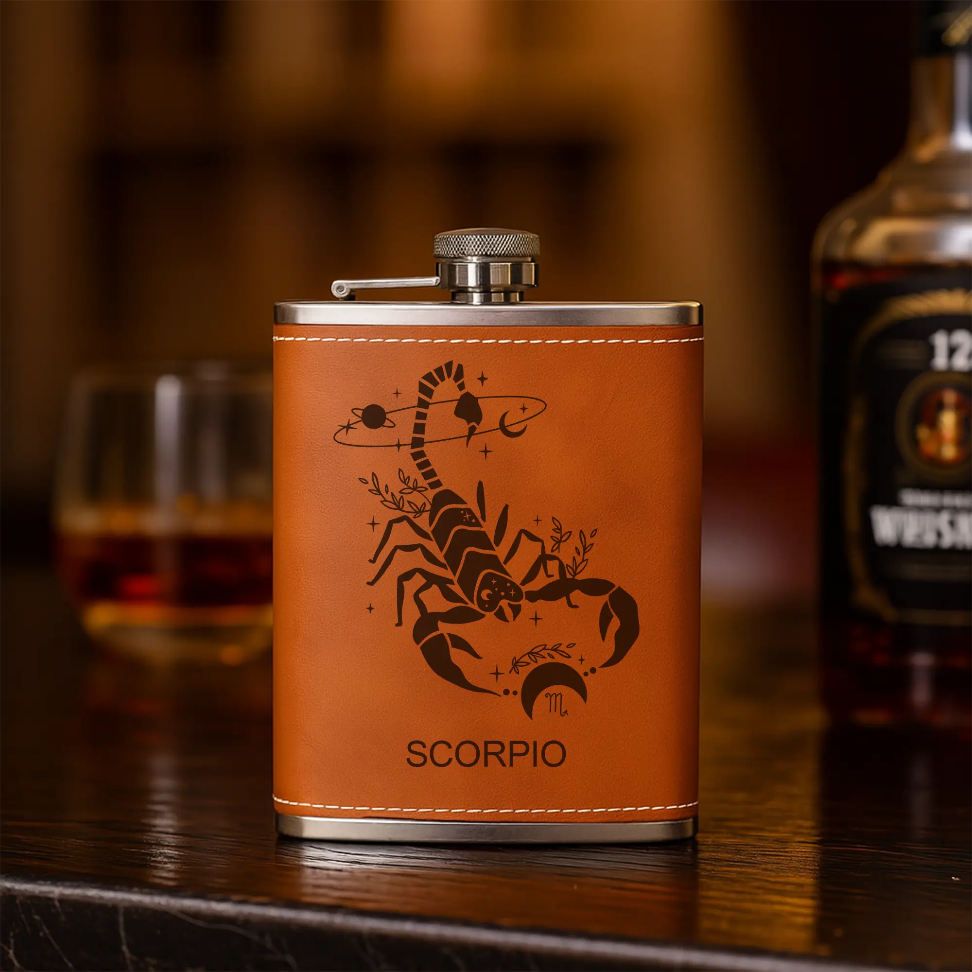 Custom Zodiac Flask – Engraved Leather Hip Flask with Zodiac Sign 8 oz Capacity Leak-proof Design Personalized Gift for Any Occasion