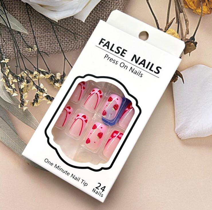 Strawberry Press On Nails: Short Square Pink Heart Bow Tie Design. Artificial Coffee Nails, Full Cover, Reusable Glue On, Valentine's French Style for Women