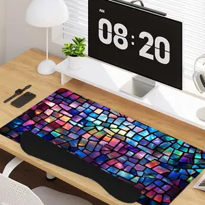 4 - in - 1 Stained Glass Mosaic Elements Large Gaming Mouse Pad + Keyboard Wrist Rest + Mouse Pad with Wrist Support + Coaster Set with Ergonomic Design for Home Office Table Computer, Rubber Base Mousepad with Stitched Edges, Easy Typing Pain Relief