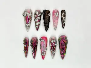 AuréNails – Gothic Metallic Press On Nails | Futuristic Metallic and Pink Nails with 3D Designs | Art Deco-Inspired Chrome | 3D Silver Details – AN15