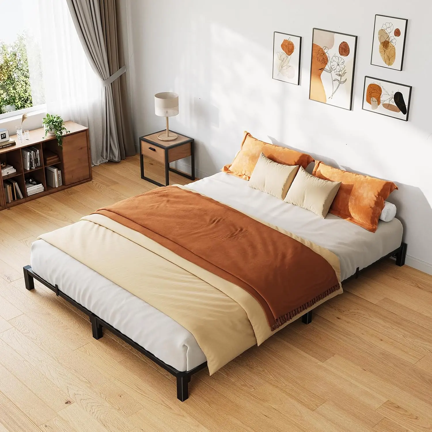 6-Inch Heavy-Duty Metallic Modern Bed Frame - Iron Frame, Tool-Free Quick Install, Iron Slats Support, No Box Spring Needed, Sturdy Legs, Supports 800lbs Weight Capacity