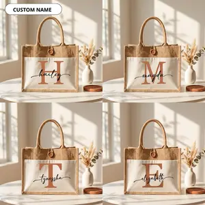Personalized Jute Tote Bag with Name & Initial  Custom Monogram Tote, Bridesmaid Gift Bag, Wedding Party Favor, Mother’s Day Gift, Everyday Work Bag