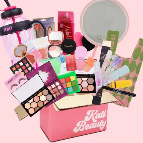 Kati's Signature Makeup Kit - The Pink Box 30 Beginner Friendly Makeup Essentials, Eyeshadow Palette, Lip Gloss & Eyeliner Pink box Brow Curler Gift Set