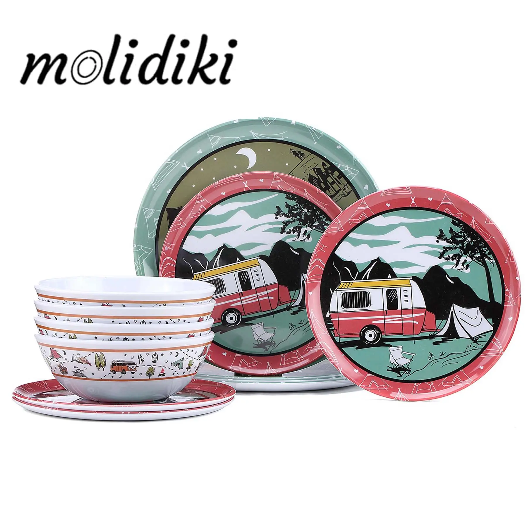 Molidiki 12-Piece Melamine Dinnerware Set, Shatterproof & Lightweight Plates and Bowls Service for 4, BPA Free & Dishwasher Safe, Vintage Red Car Pattern for RV Camping Outdoor Use