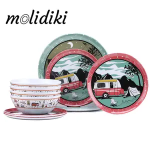 Molidiki 12-Piece Melamine Dinnerware Set, Shatterproof & Lightweight Plates and Bowls Service for 4, BPA Free & Dishwasher Safe, Vintage Red Car Pattern for RV Camping Outdoor Use