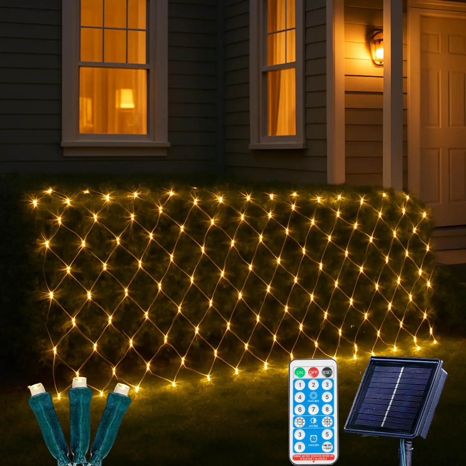 Festive Living Solar 200 LED Warm White Net Lights 9.8' x 6.6' – 8 Modes, Timer, Wide-Angle Glow, USB Rechargeable+Solar Powered, Auto On/Off, Indoor/Outdoor, Weatherproof, 16ft Lead Wire