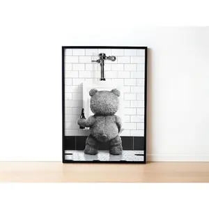 Funny Bathroom Print: Teddy Bear with Beer, Black and White | Wall Decor