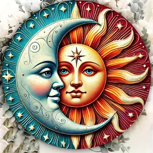 Vibrant Elegance |   Vintage Aluminum Sun & Moon Embrace Wall Art - 8x8 Inch Celestial Harmony Metal Decor, Vibrant Colors for Indoor/Outdoor Use - Ideal for Home, Cafe, Garage - Unique Gift for Art Enthusiasts Decoration Hanging Colorful Ornaments