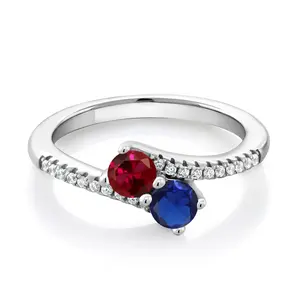 Gem Stone King Two-Stone Bypass Ring for Women in 925 Sterling Silver | 4MM Round Gemstone Birthstone and Created Ruby | Crossover Anniversary Engagement Wedding Promise Ring | Sizes 5, 6, 7, 8, 9