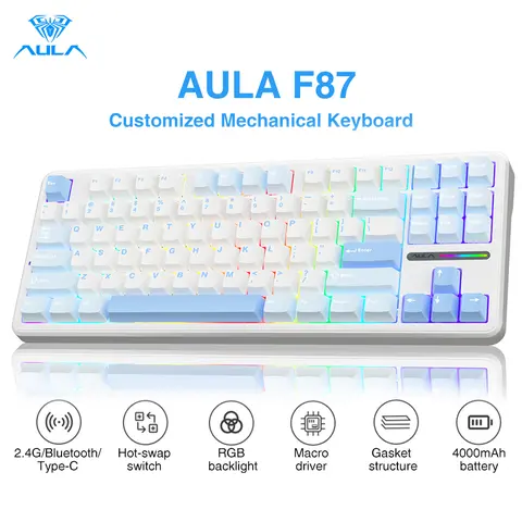 AULA F87 Wireless TKL Mechanical Gasket Mounted Creamy Keyboard - 87-Key, Pre-lubed Greywood Hot Swappable Switches, 2 Extra Linear Switches, PBT Keycaps, Color Changing RGB, 2.4G/BT/USB-C, 4000mAh, Keycap Puller, USB Cable, Gaming & Work PC Accessory, Ga